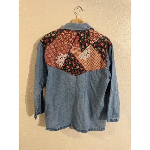 Blue Denim Jean Patchwork 90’s Floral Lace Jacket - Picture 9 of 10